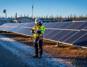 Indigenous solar technician with tablet beside a ground-mounted solar array in a northern Canadian community at golden hour, with a small communications tower, boreal forest, and a rooftop satellite dish in the background.