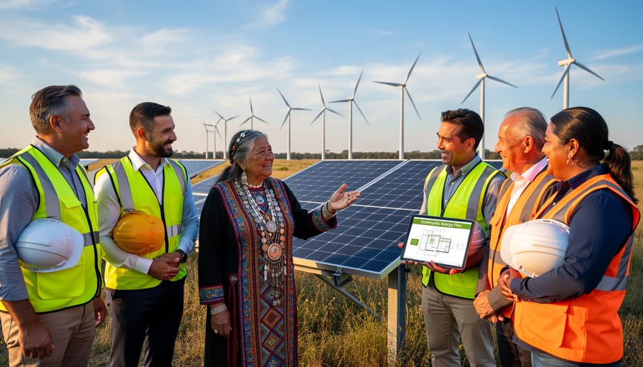 Indigenous elder and young community member in partnership discussion at solar project site