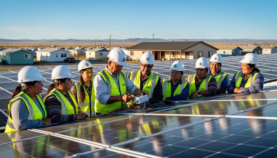 Indigenous workers collaborating on solar panel installation during training program