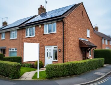 UK suburban brick semi-detached house with rooftop solar panels and a blank real estate sale sign in the front garden, shot at eye level on a bright overcast day, with neighboring houses and hedges softly blurred in the background.