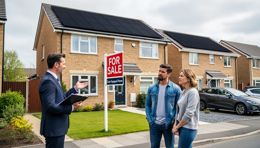 UK suburban house with solar panels on roof and for sale sign in garden