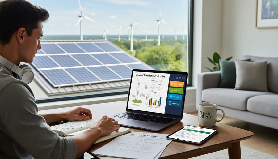 Person studying renewable energy certification material at a laptop with notes and a small wind turbine model on a desk