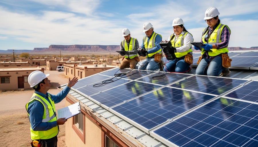 Technicians and a trainee inspecting rooftop solar panels on a residential building