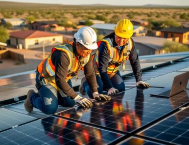 Two tribal workers install solar panels on a rooftop at golden hour while one reviews coursework on an open laptop nearby.