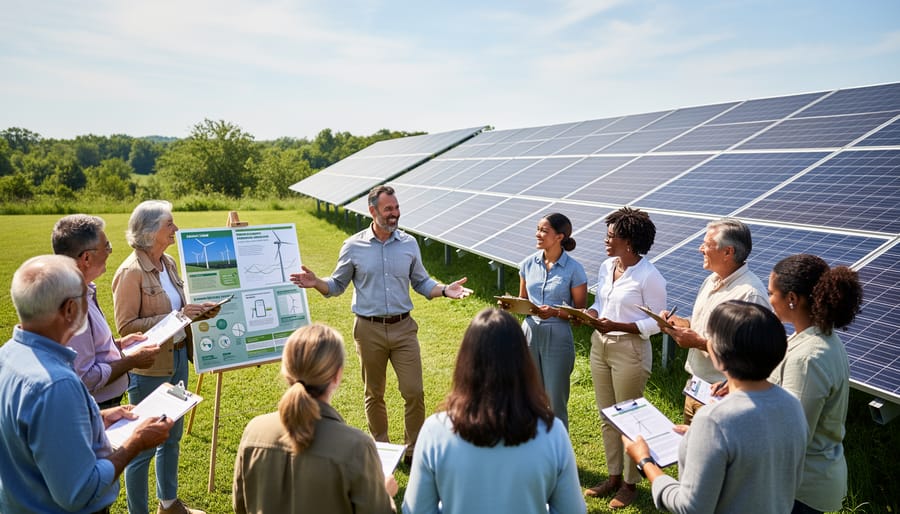 Native youth and elders standing and talking near solar panels on a community building