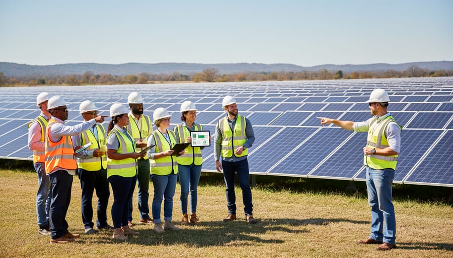 Diverse trainees standing together in front of a community solar array during golden hour.