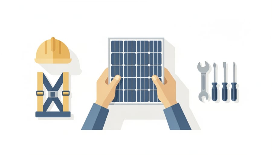 Gloved hands tightening bolts on a solar panel mounting rail