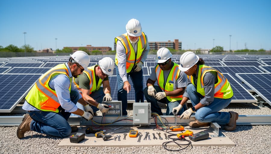 Indigenous trainees wearing hard hats stand beside solar panels during a workforce training session