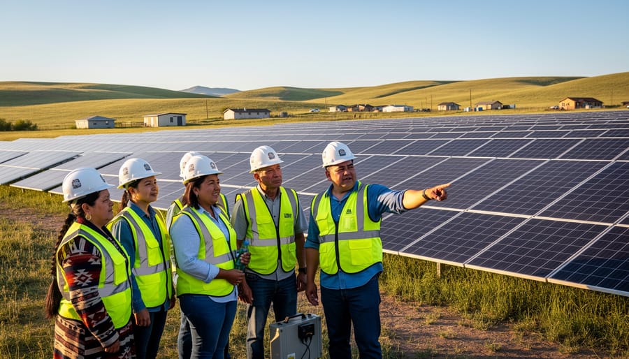 Solar array on tribal land with community buildings in the distance at golden hour