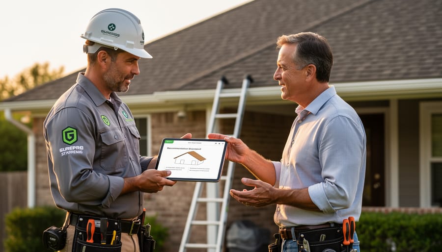 Solar installer and homeowner reviewing a tablet beside a residential roof with solar panels.