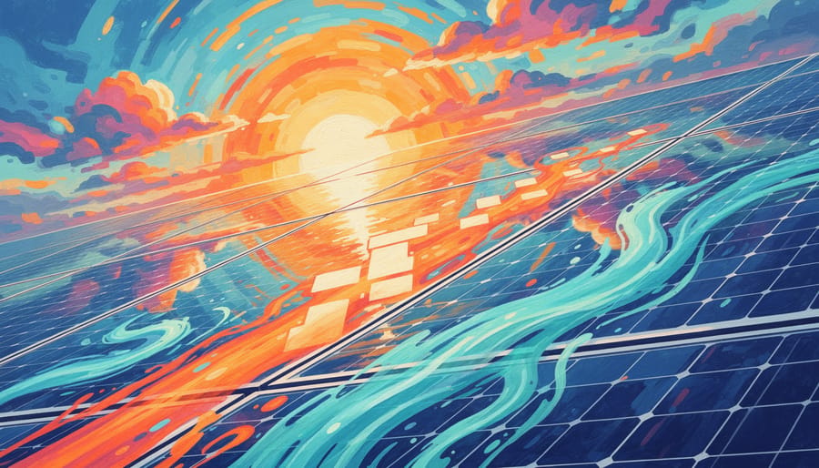 Sunrise reflected on a photovoltaic module with blurred trainees walking in the background