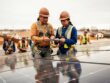 Indigenous solar trainees and a trainer installing rooftop solar panels on a tribal community building under natural daylight