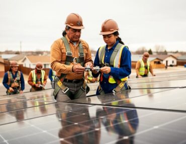 Indigenous solar trainees and a trainer installing rooftop solar panels on a tribal community building under natural daylight