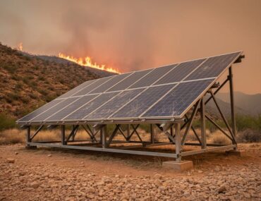 Fire-resilient solar panels mounted on a raised frame in a dry hillside landscape with smoky wildfire haze in the distance at sunset.