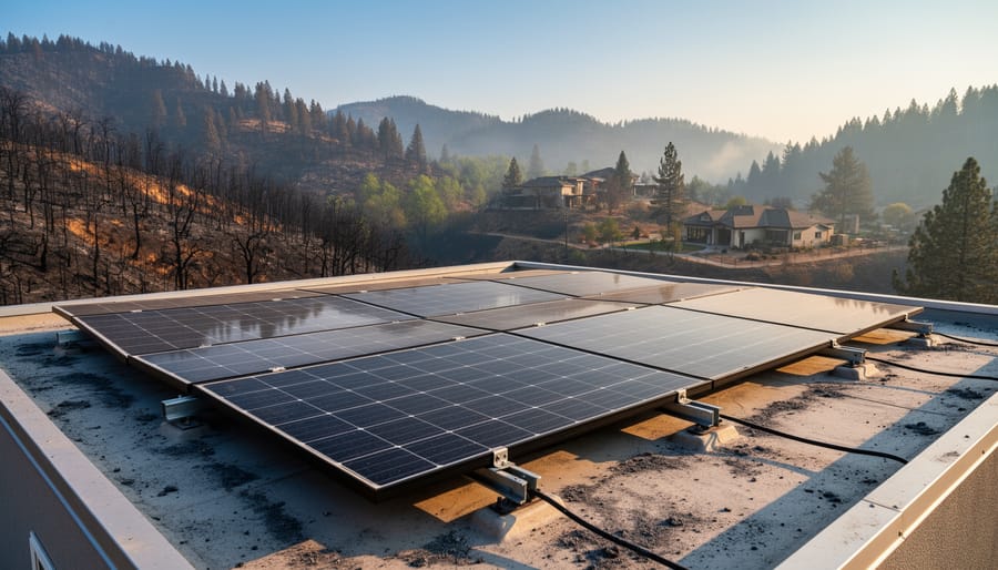 Rooftop solar panels photographed in a wildfire-prone landscape with distant smoke haze