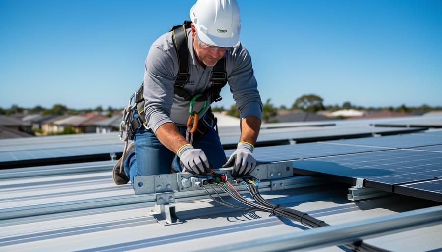 Technician inspecting solar panel mounting brackets and cabling on a residential roof