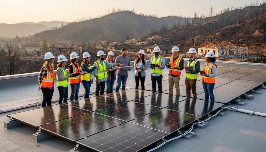 People including firefighters and community members near a new home with installed solar panels during post-fire recovery