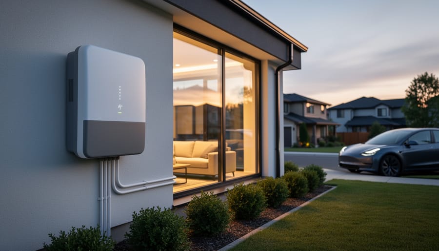 Battery energy storage equipment in a clean community utility room with a technician working in the background