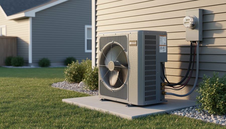 Outdoor central air conditioning unit in a rural setting