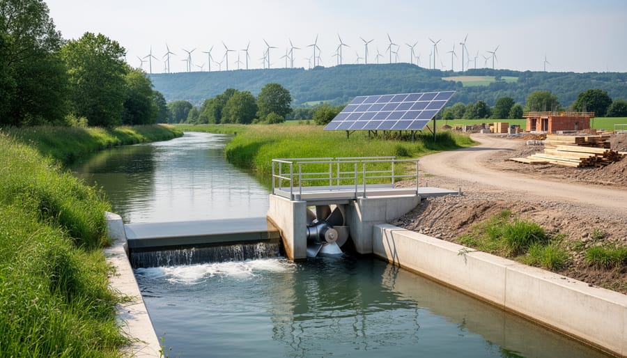 Flowing river with small hydropower infrastructure visible near the bank during golden hour