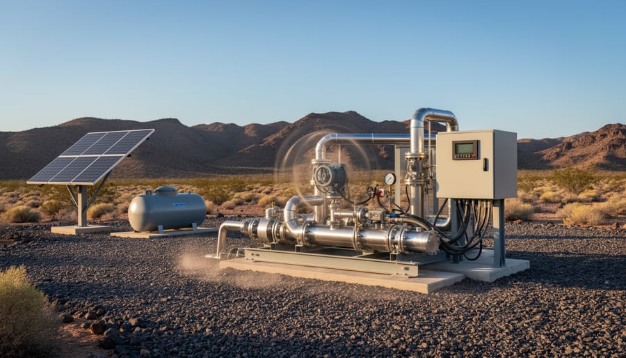 Well pump equipment near a rural home during golden hour