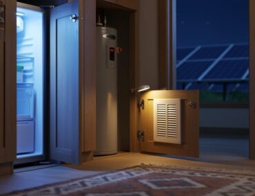 “Nighttime interior of a tribal home showing the refrigerator glow and a subtly open dryer vent area, with blurred solar panels visible through a window.”