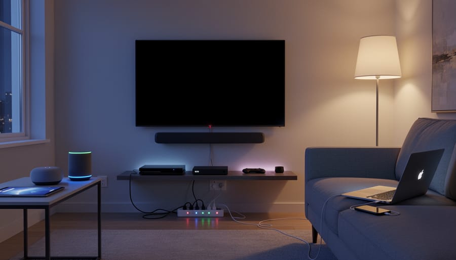 Electronic entertainment devices and remote in a living room at night