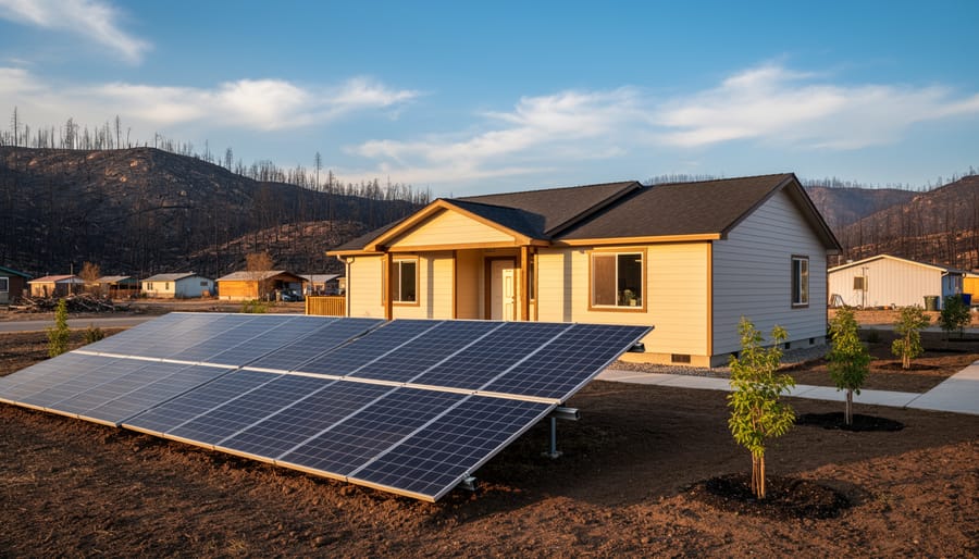 Solar panels installed next to a newly rebuilt home with native vegetation in the background