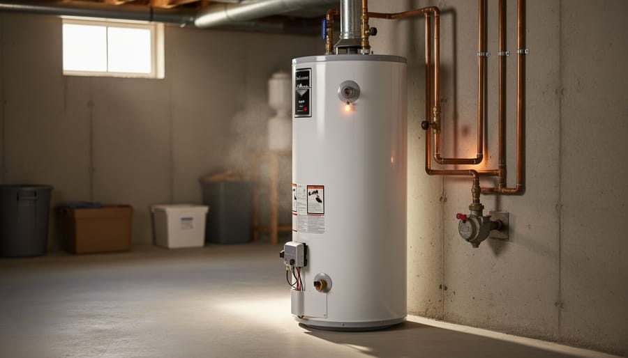 Conventional electric water heater tank in a home utility room