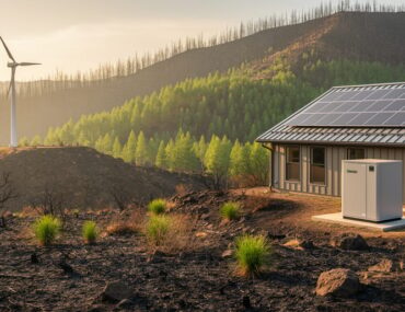 Clean energy systems, including solar panels and a battery storage unit, in a wildfire-damaged western landscape showing new regrowth and community rebuilding.