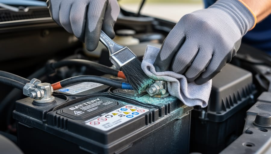 Close-up of insulated-gloved hands cleaning solar battery terminals.