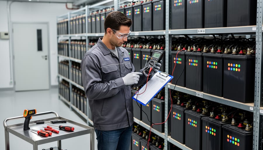 Technician checking solar battery system status with a multimeter near an inverter/charge controller.