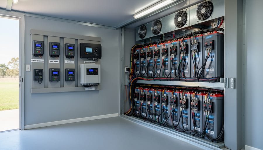 Ventilated solar battery bank enclosure with sealed battery modules and cable connections.